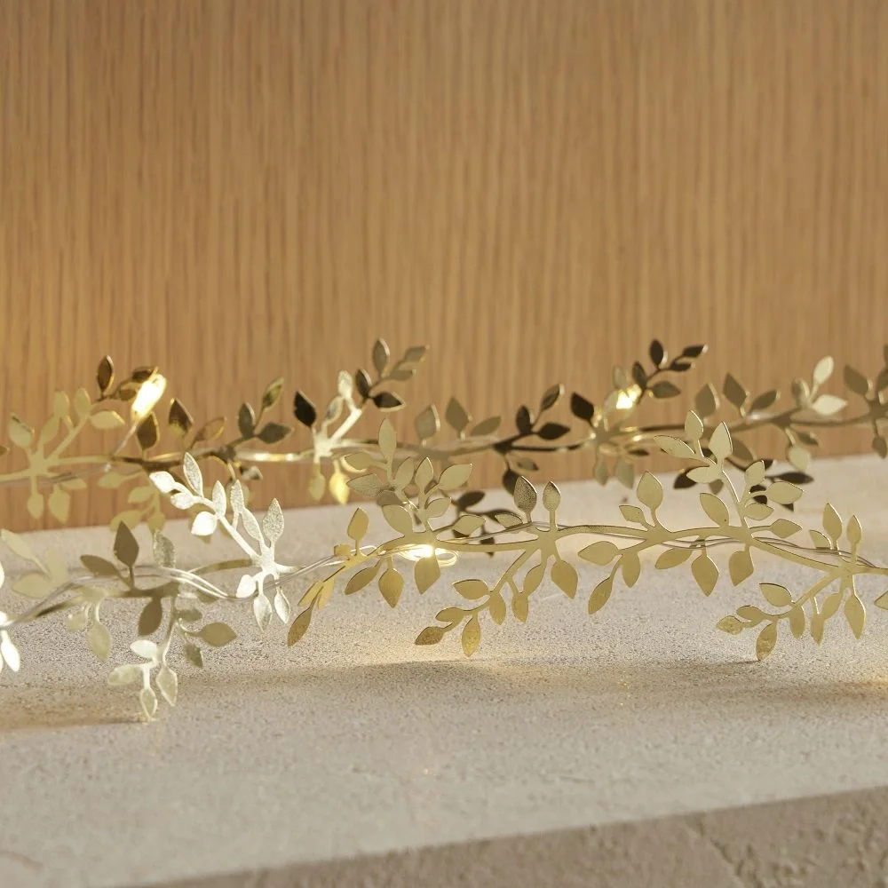 West Elm LED Gold Metal Leaf Garland and Silver String Lights